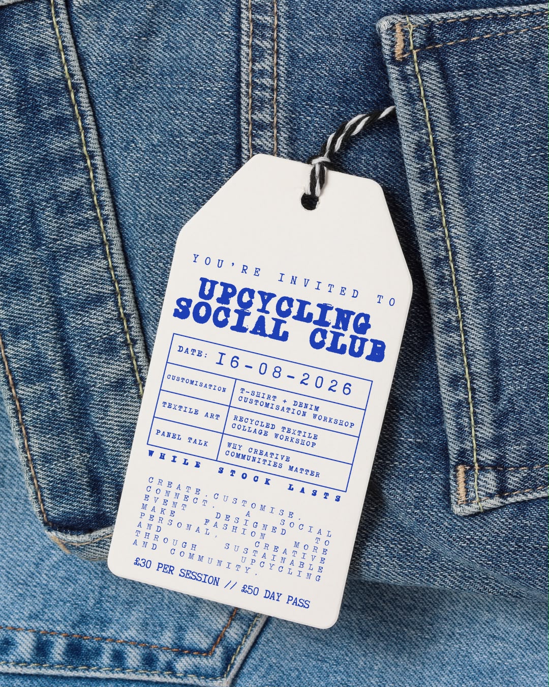 Printed event invitation in a jeans pocket